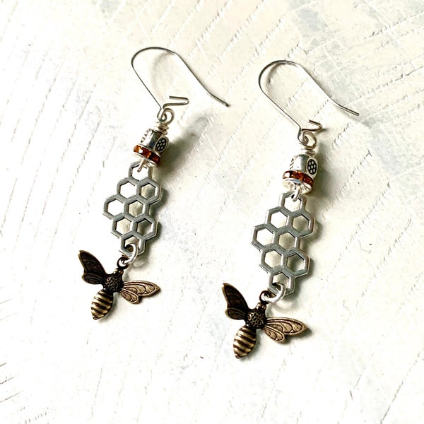 Two Tone Honeybee and Honeycomb Dangle Earring