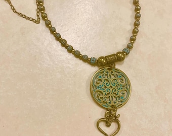 Turquoise Brass Patina Pendant Beaded Necklace