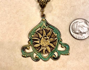 Turquoise Brass Patina Bronze Sun Pendant Necklace