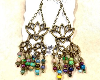 Lotus Link Picasso Bead Chandelier Earrings