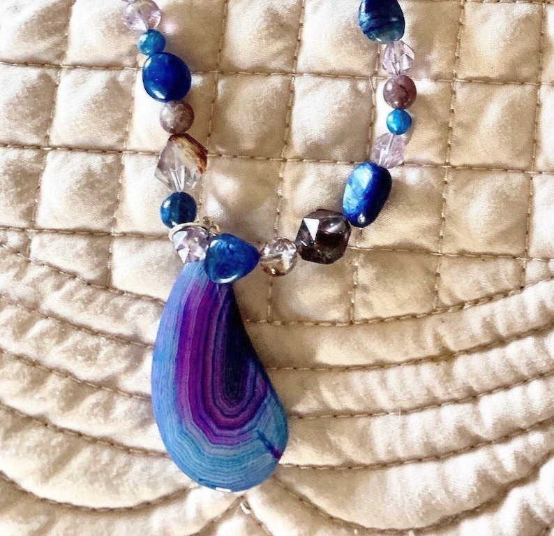 Blue and Purple Onyx Pendant Blue Kyanite and Purple Calcoxenite Beaded Necklace