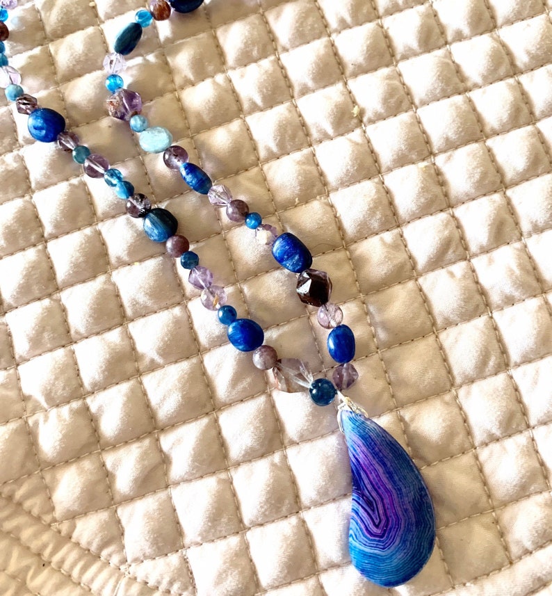 Blue and Purple Onyx Pendant Blue Kyanite and Purple Calcoxenite Beaded Necklace