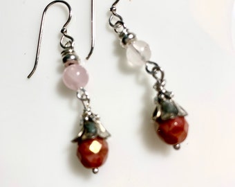 Rose Quartz and Rose Fire Polished Bead Dangle Earrings