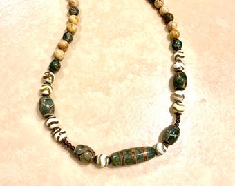 Greener Pastures DZI Tibetan Agate Natural Gemstone Beaded Necklace