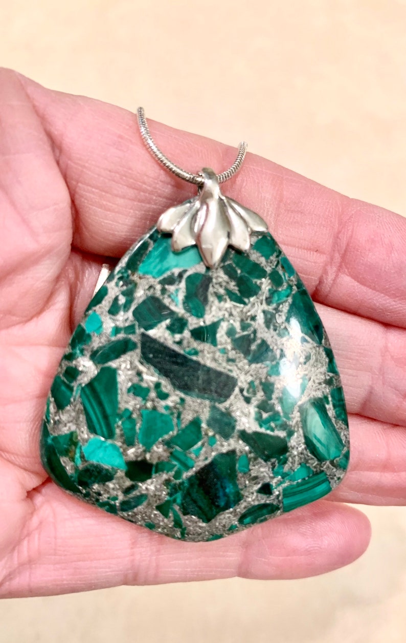 Malachite and Pyrite Triangular Pendant Necklace