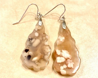 May include: A pair of dangle earrings featuring irregular, teardrop-shaped stones with a mix of white, brown, and black patterns. The earrings have silver-colored fish hook ear wires.