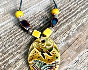 Unisex Ceramic Whale Pendant Leather Cord Necklace