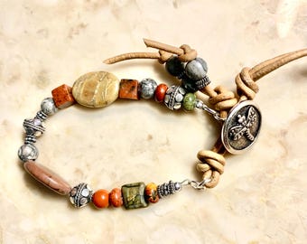 Red Creek Jasper, Sterling Silver and Leather Boho Beaded Bracelet