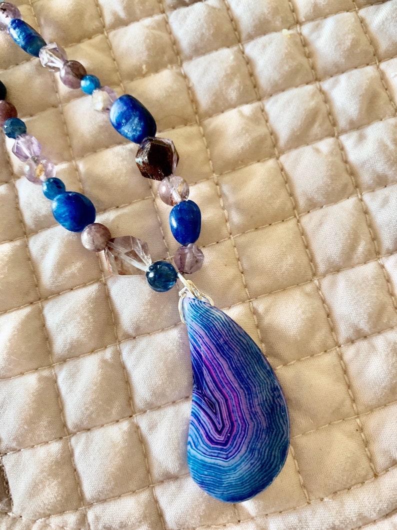 Blue and Purple Onyx Pendant Blue Kyanite and Purple Calcoxenite Beaded Necklace