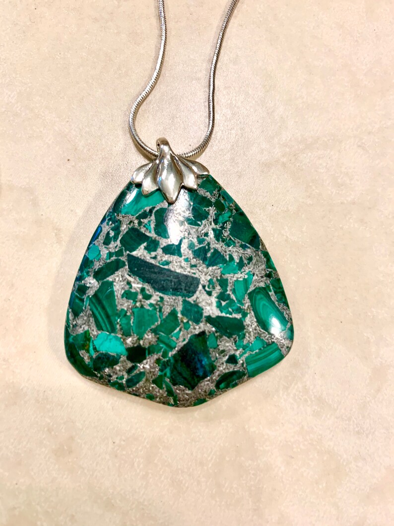 Malachite and Pyrite Triangular Pendant Necklace