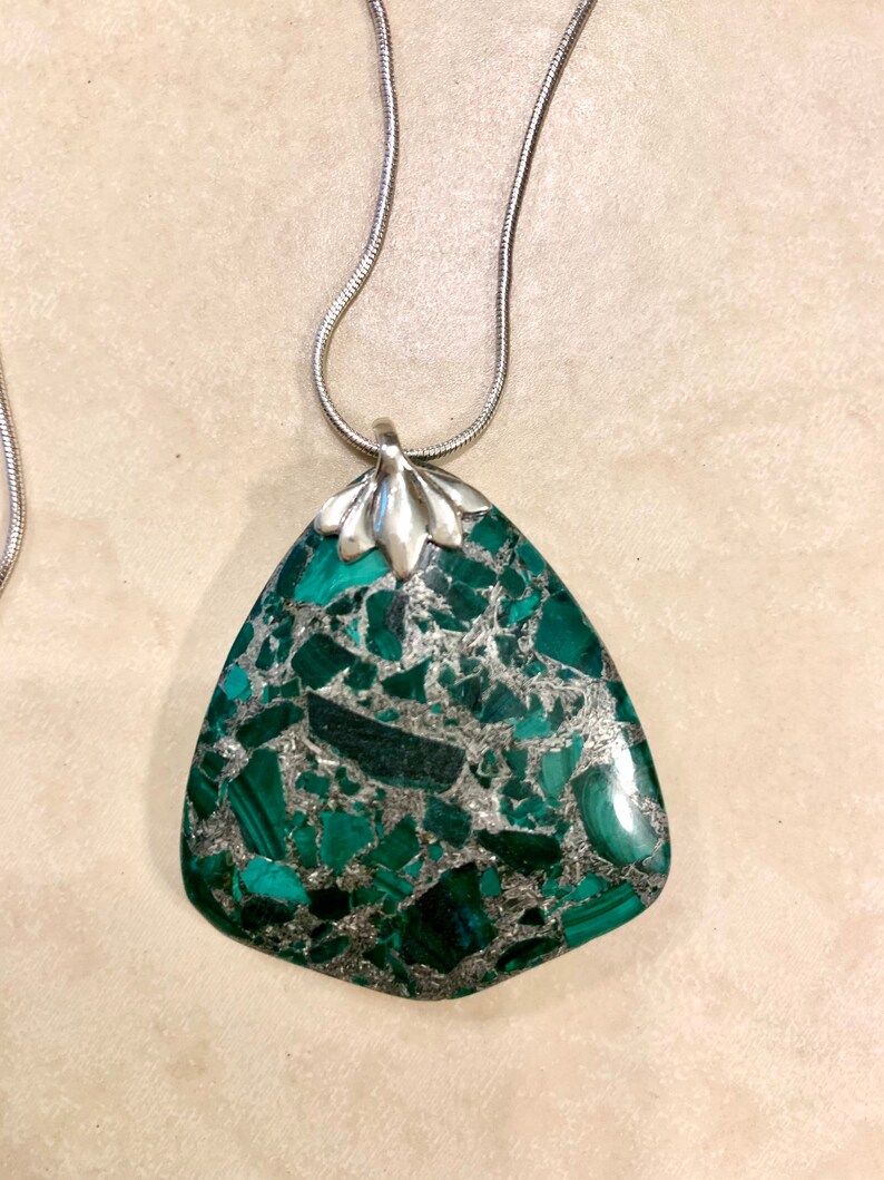 Malachite and Pyrite Triangular Pendant Necklace