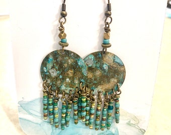 Turquoise Brass Raku Chandelier Earrings