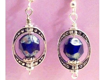 Sterling Silver Framed Cobalt Blue Czech Bead Earrings