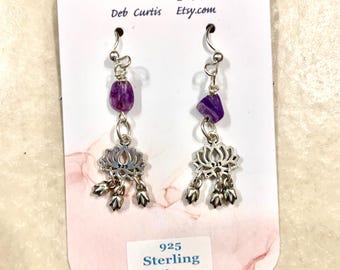 Lotus and  Charoite Chandelier Sterling Silver Earrings
