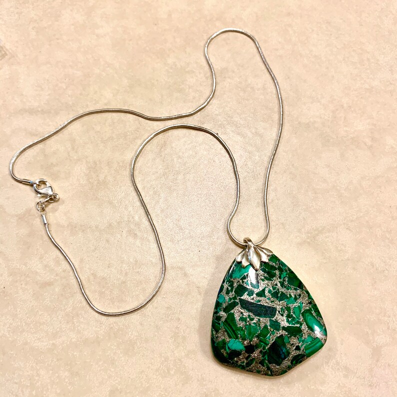 Malachite and Pyrite Triangular Pendant Necklace