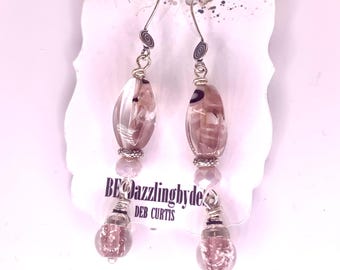 Pink Lampwork Glass Bead Dangle Earrings