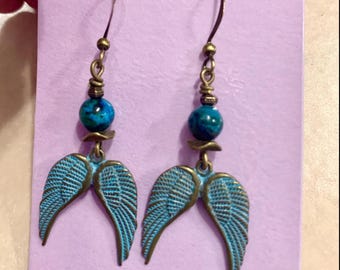 Turquoise Brass Patina Angel Earrings
