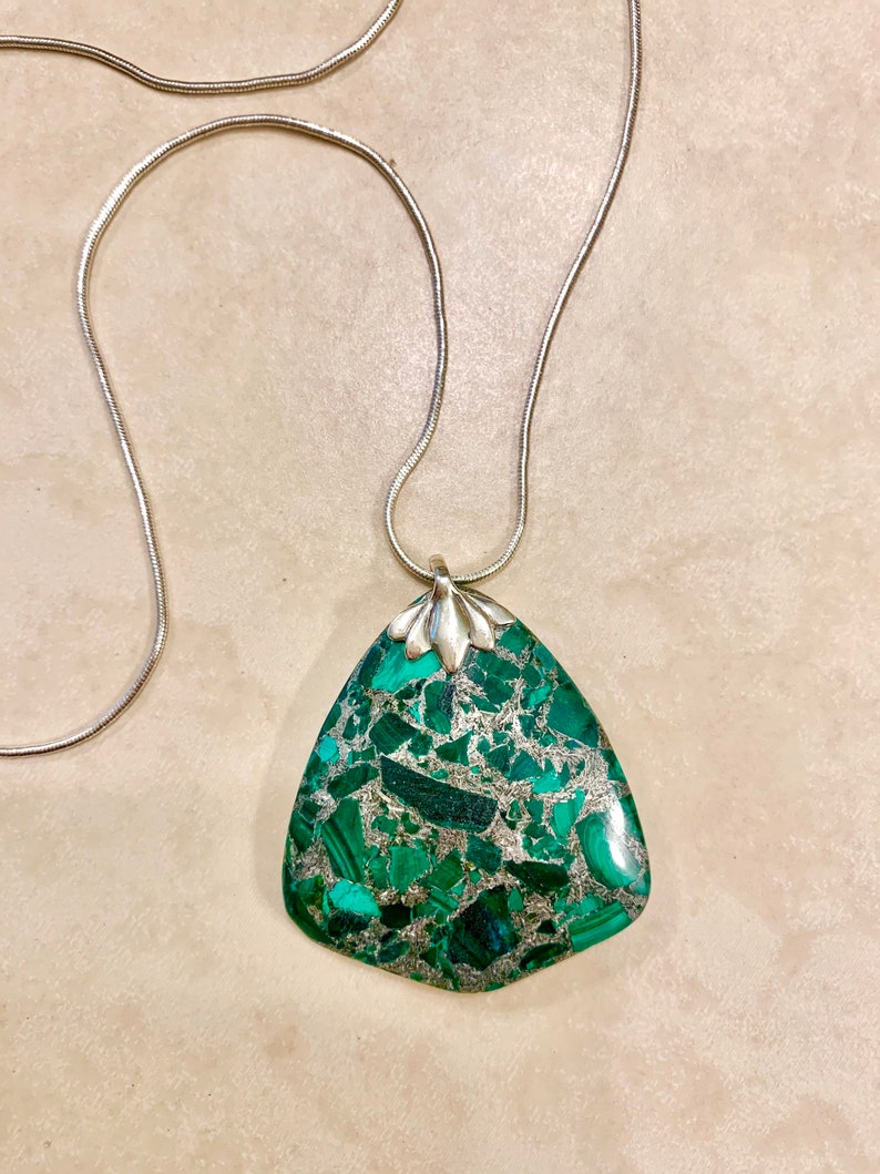 Malachite and Pyrite Triangular Pendant Necklace
