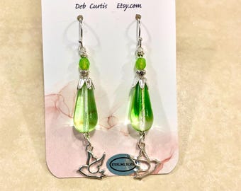 Spring Green Czech Glass Teardrop Bead Dove Earrings