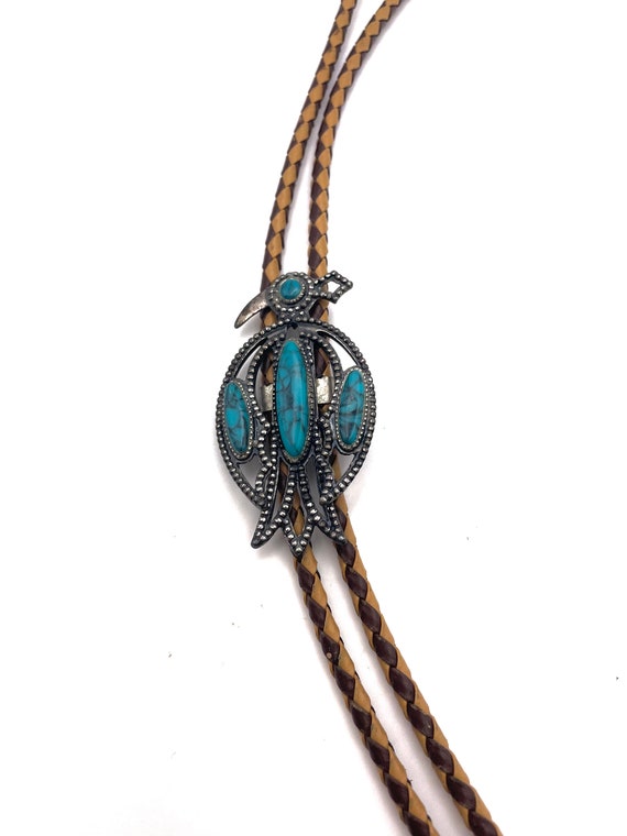 Turquoise Bird Bolo Tie Silvertone