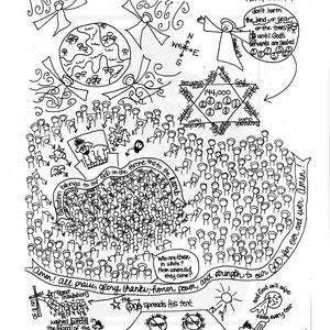 Op de afbeelding: Een handgetekend zwart-witte illustratie van een religieuze scène met de tekst "Revelation 7" en "Amen! alle lof, glorie, dank, eer, macht en kracht aan onze GOD voor altijd en eeuwig. Amen!" De illustratie toont een grote groep mensen, een lam, een troon, een tent en een zon.