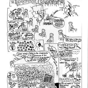 May include: A black and white hand-drawn illustration depicting a scene from the Book of Revelation, chapters 8 and 9. The illustration features angels blowing trumpets, a scroll, a star falling from the sky, and a depiction of the abyss being opened. The text "Revelation 8-9" is written at the top of the illustration.