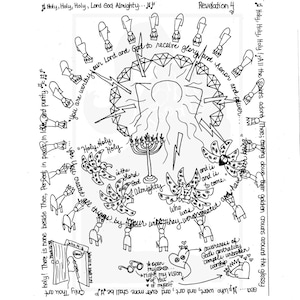 Pode incluir: Uma ilustração desenhada à mão em preto e branco de uma cena religiosa com o texto "Holy, Holy, Holy, Lord God Almighty..." e "Revelation 4" na parte superior da imagem. A ilustração representa um trono com uma coroa, uma menorá e anjos com asas. O texto "You are worthy our Lord and God to receive glory and honour and power..." está escrito em torno do trono. O texto "Holy, Holy, Holy" está escrito em um círculo em torno da menorá. O texto "...by Your wifey they were created and have..." está escrito em torno dos anjos. O texto "And is and is to come." está escrito abaixo dos anjos. O texto "Only Thou art...sea...Hy who wert, and art, and ever more shall be" está escrito na parte inferior da imagem. O texto "awareness of Gods antrality compel unbroken worship" está escrito em um círculo em torno de um coração.