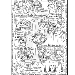 Può includere: Illustrazione a mano in bianco e nero di uno studio biblico con il testo "IO SONO" in grandi lettere. L'illustrazione include diverse figure e fumetti con citazioni dalla Bibbia. L'illustrazione è circondata da un bordo con il testo "Sketching Scripture to slow down and savor God's word... etsy.com/shop/BibleDoodles Bible Doodles 2016"
