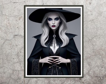 Pretty Witch Print - Vintage Digital Download, Halloween Portrait, Instant, Poster, Horror Dark Fantasy Gothic, Wall Art