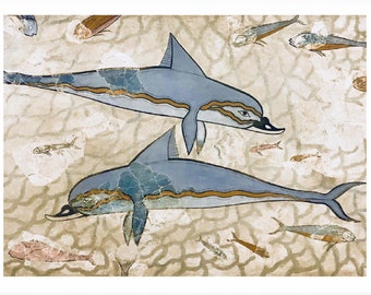 May include: A painting of two blue dolphins swimming in a light brown sea with smaller fish. The dolphins have a yellow stripe along their bodies.