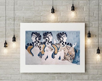 Damas en el fresco azul Palacio Minoico de Knossos en Heraklion, Creta, Grecia, Impresión digital Foto superior Fotografía Descarga instantánea Póster en color