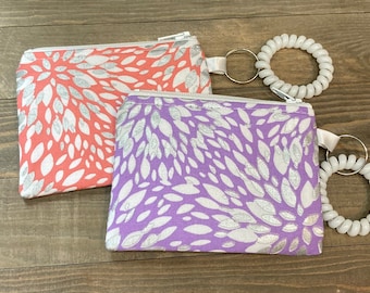 Floral Cotton Coin Purse Keychain: Small Zipper Pouch