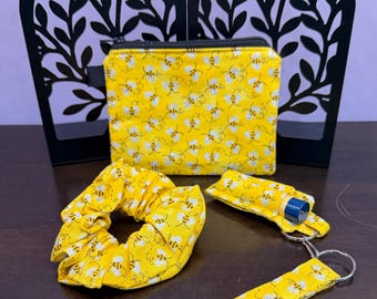 Bee Coin Purse Keychain: Cotton Stash Bag, Chapstick Holder