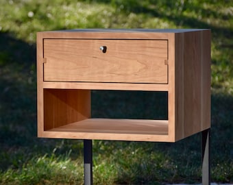 Mid Century Nightstand with drawer and open shelf, minimalist nightstand, pictured in cherry