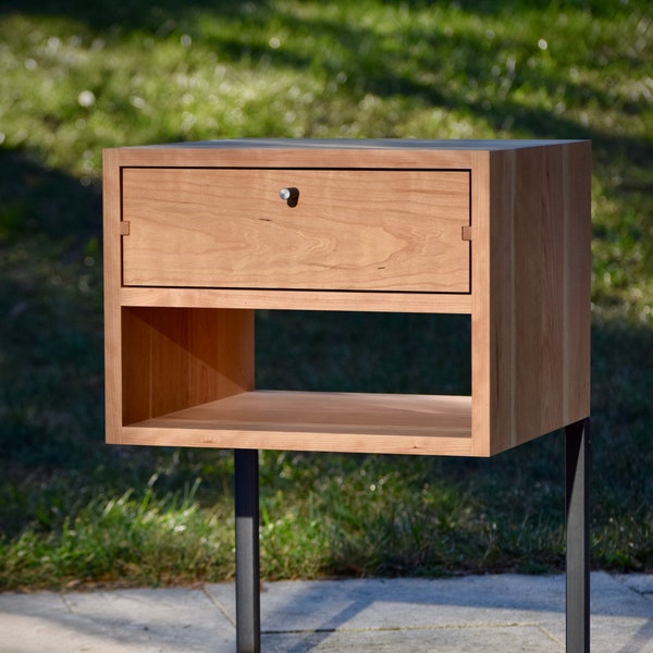 Mid Century Nightstand with drawer and open shelf, minimalist nightstand, pictured in cherry