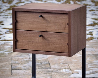 Minimalist nightstand with two drawers - shown in walnut