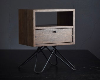 Mid Century End Table with drawer and open shelf, minimalist nightstand, pictured in walnut