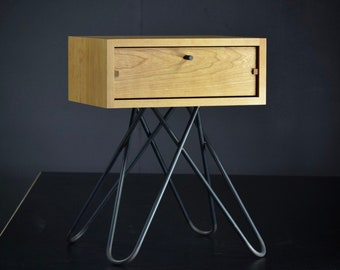 cherry end table with drawer, mid century end table, industrial end table, mid century nightstand with drawer,  "Crossleg End Table"