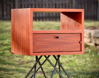 Mid Century End Table with drawer and open shelf, minimalist nightstand, pictured in padauk