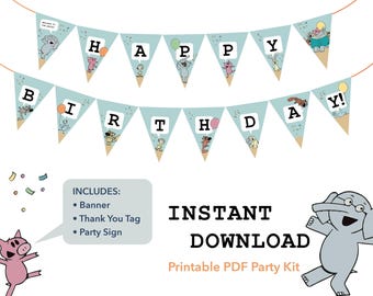 Mo Willems inspiriert PDF Geburtstagsparty Kit - Schweinchen & Elefant , Taube , Eichhörnchen