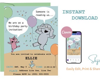 Mo Willems inspiriert Geburtstag Party Einladung, Instant Download, Gerald, Schweinchen, Taube