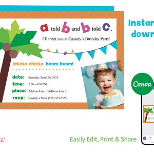 Chicka Chicka Boom Boom Downloadable Birthday Invitation - Orange with Photo, Editable Template