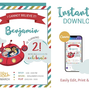 May include: A printable birthday invitation for a 2-year-old boy named Benjamin. The invitation features a red spaceship with a group of children inside. The text on the invitation reads "I cannot believe it! Benjamin is turning 2! We're on a mission to celebrate. 18th March. When: 2:00-4:00 PM. Where: Benjamin's House. RSVP: (555) 555-5555."