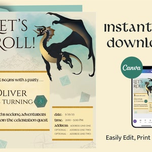 Op Dungeons and Dragons geïnspireerde verjaardagsuitnodiging: direct downloaden, Canva-sjabloon