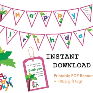 Pode incluir: Faixa de aniversário imprimível rosa e branca com tema tropical. A faixa diz "Feliz aniversário" e inclui uma palmeira e confete. Uma etiqueta de presente combinando diz "Skit skat skoodle doot. Flip flop flee. Obrigado por celebrar meu aniversário comigo!"