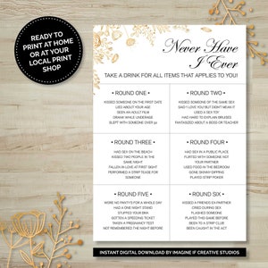 Never Have I Ever Drinking Game, Bridal Shower, Bachelorette, Printable Games, Digital Download, Black/Gold, Wedding Shower