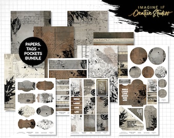 Dark Grunge Bundle | A4 Papers + Tags + Pockets | 3Quarter Designs | Junk Journal | Digital Scrapbook Paper | Printable | Digital Download