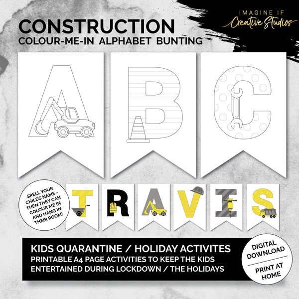 Construction - Colouring In Alphabet Bunting | Digital Download | Quarantine and Holiday Activities for Kids |  Kids Decor