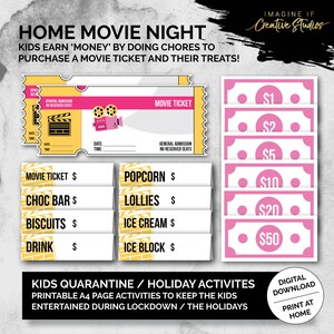 Pink - Home Movie Night Tickets and Money | Digital Download | Quarantine and Holiday Activities for Kids | Printable | Chores | Rewards