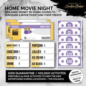 Lila Home Movie Night Tickets und Geld Digitaler Download Quarantäne und Urlaubsaktivitäten für Kinder Druckbar Hausarbeiten Belohnungen Bild 1